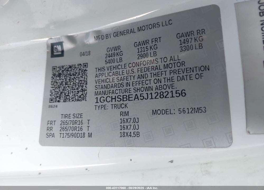 2018 CHEVROLET COLORADO VIN: 1GCHSBEA5J1282156