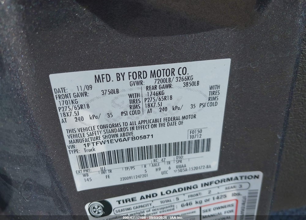 2010 FORD F-150 VIN: 1FTFW1EV6AFB05871