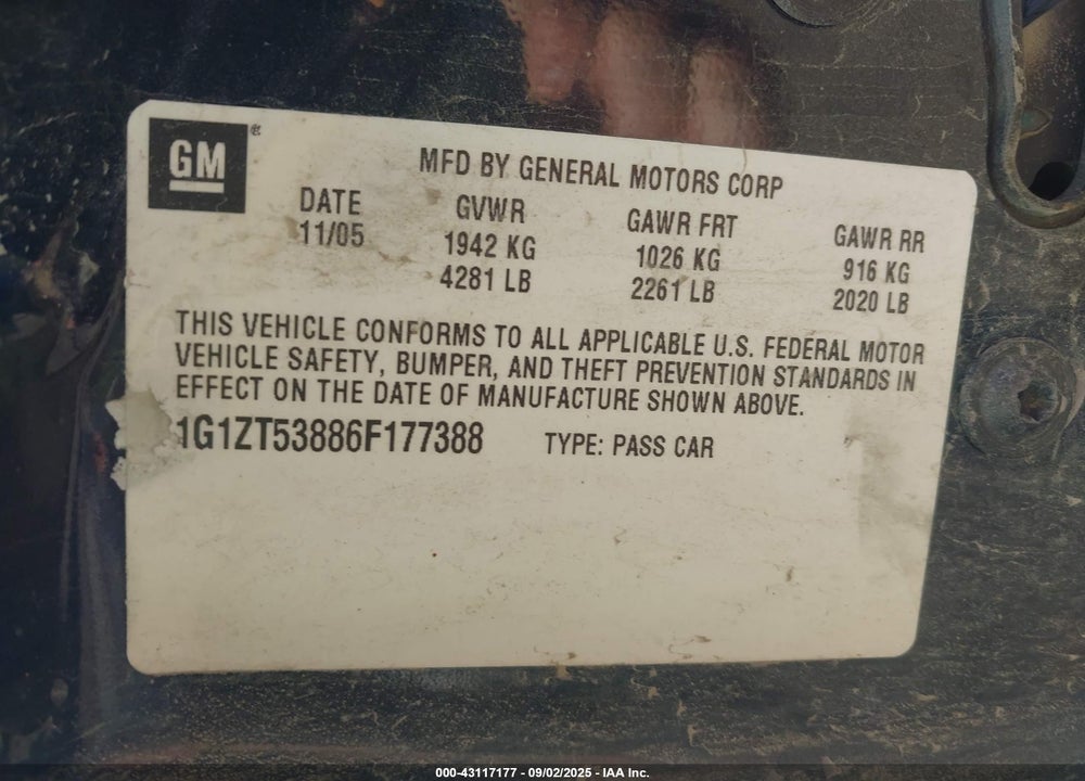 2006 CHEVROLET MALIBU VIN: 1G1ZT53886F177388