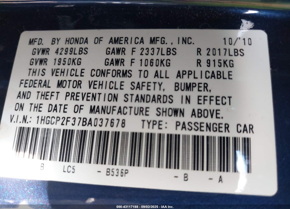 2011 HONDA ACCORD 2.4 LX VIN: 1HGCP2F37BA037678