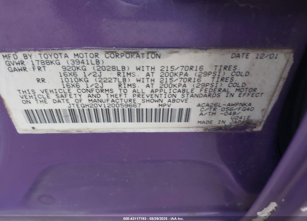 2002 TOYOTA RAV4 VIN: JTEGH20V120059667