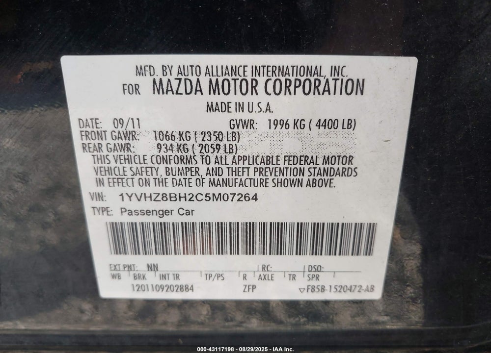 2012 MAZDA 6 VIN: 1YVHZ8BH2C5M07264