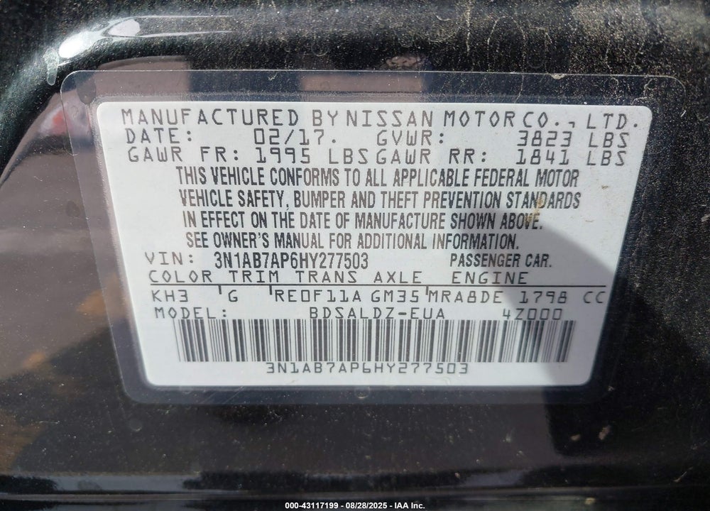 2017 NISSAN SENTRA VIN: 3N1AB7AP6HY277503