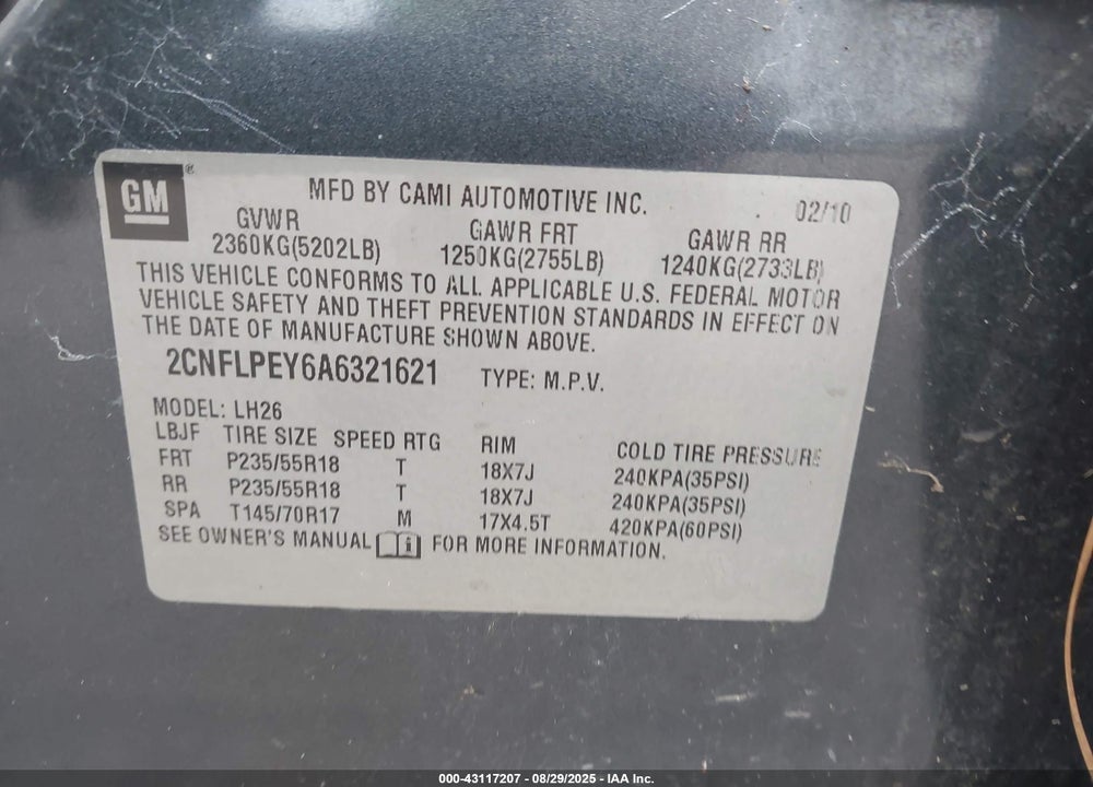 2010 CHEVROLET EQUINOX LT VIN: 2CNFLPEY6A6321621