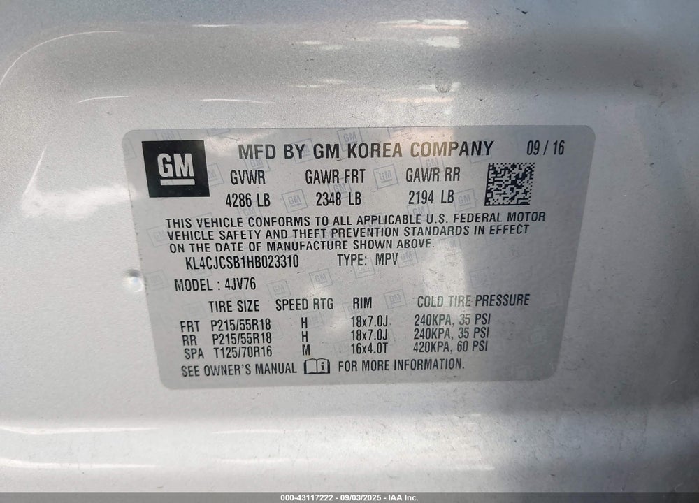 2017 BUICK ENCORE VIN: KL4CJCSB1HB023310