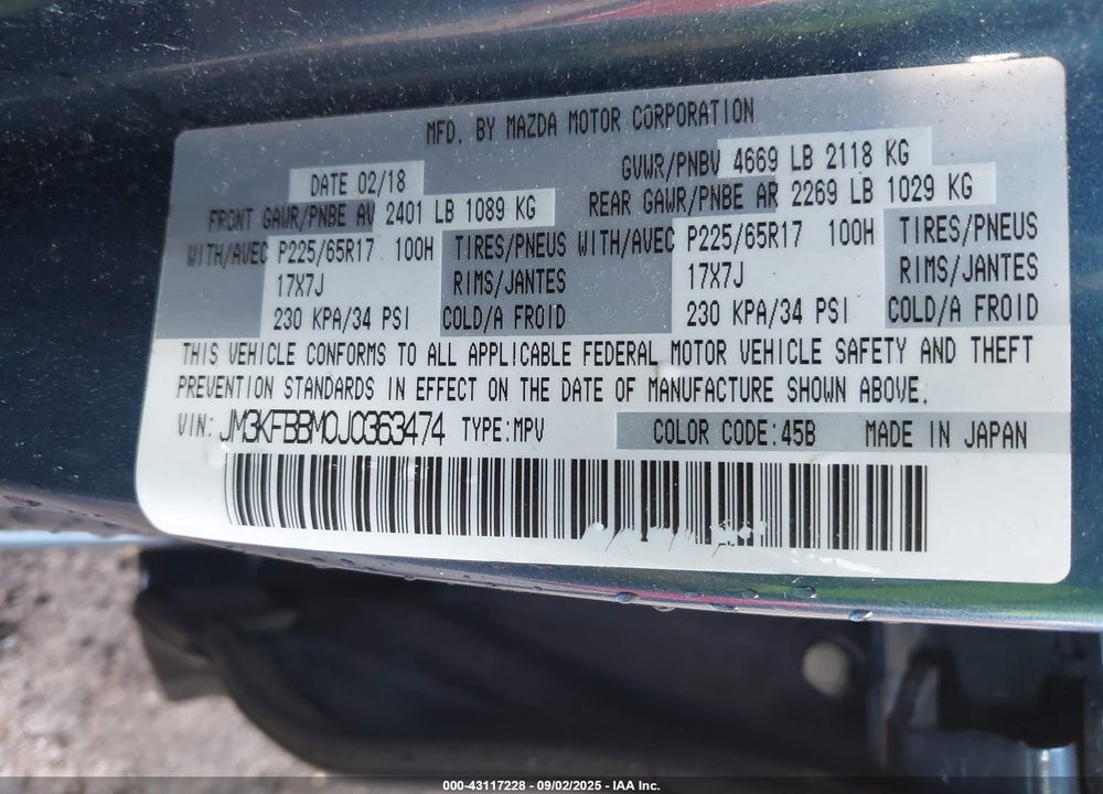 2018 MAZDA CX-5 VIN: JM3KFBBM0J0363474