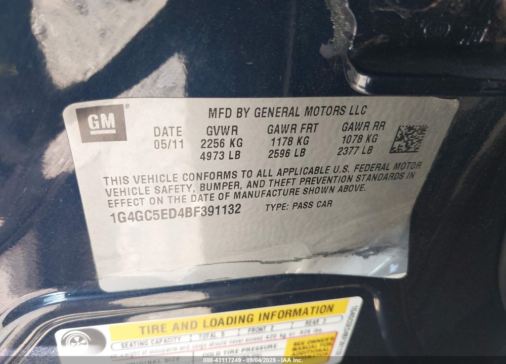 2011 BUICK LACROSSE VIN: 1G4GC5ED4BF391132