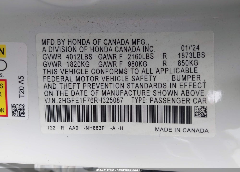 2024 HONDA CIVIC EX VIN: 2HGFE1F76RH325087
