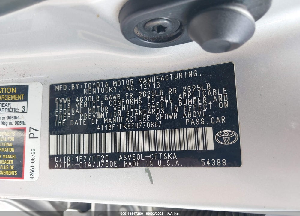 2014 TOYOTA CAMRY VIN: 4T1BF1FK8EU770867