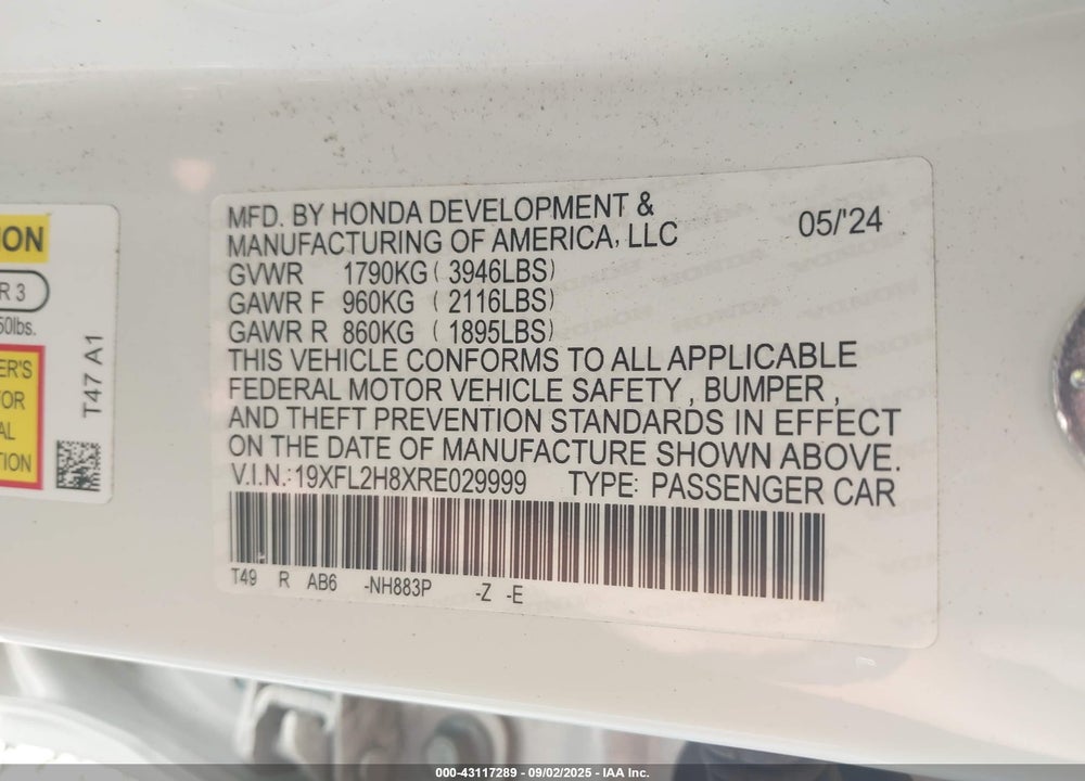2024 HONDA CIVIC VIN: 19XFL2H8XRE029999