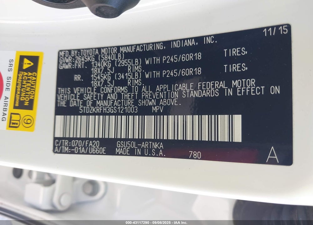 2016 TOYOTA HIGHLANDER VIN: 5TDZKRFH3GS121003