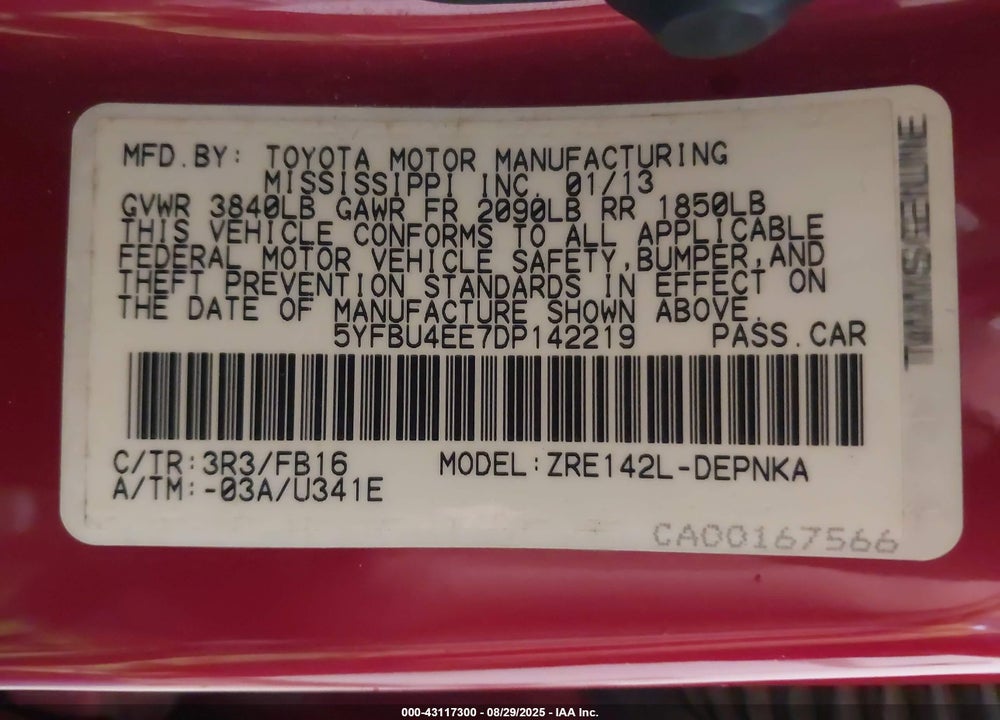 2013 TOYOTA COROLLA VIN: 5YFBU4EE7DP142219