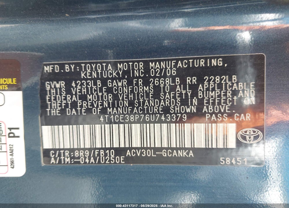 2006 TOYOTA CAMRY VIN: 4T1CE38P76U743379