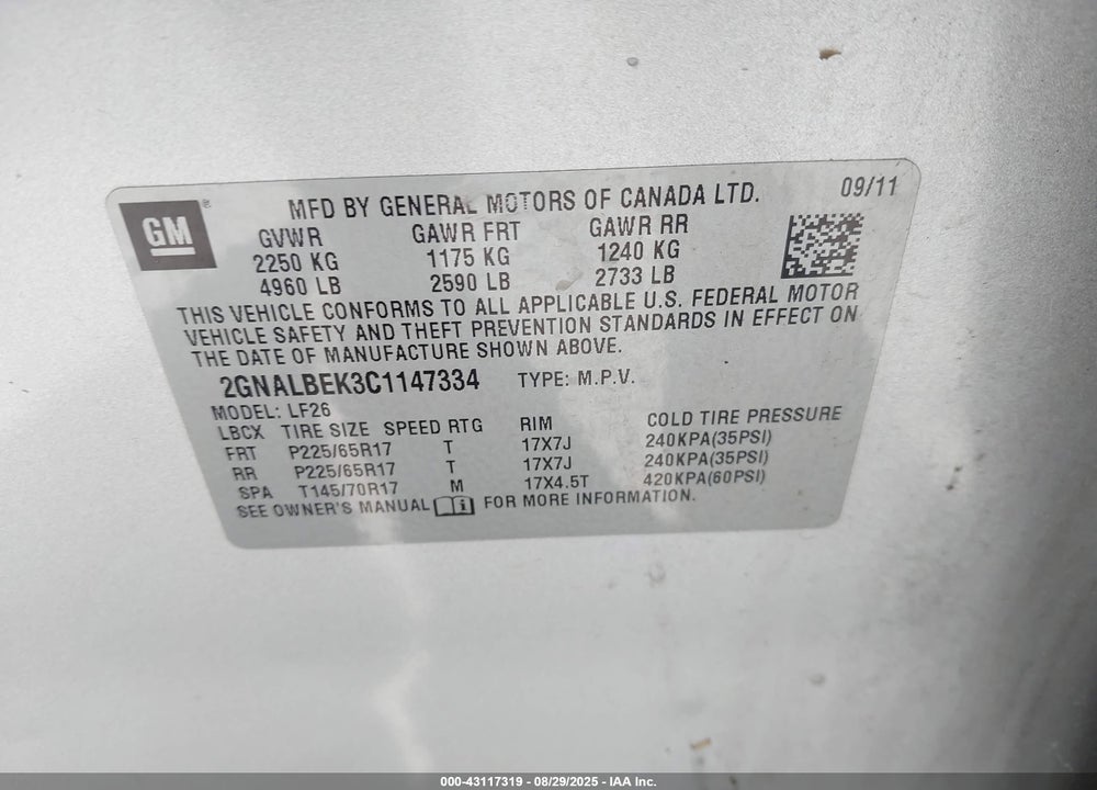 2012 CHEVROLET EQUINOX LS VIN: 2GNALBEK3C1147334