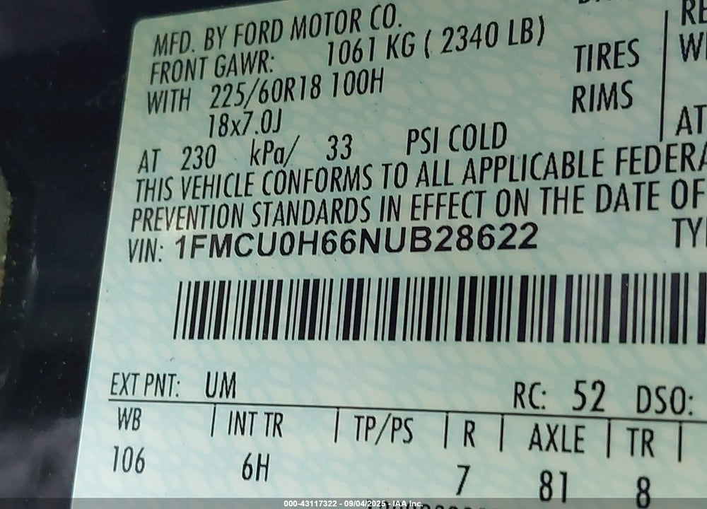 2022 FORD ESCAPE VIN: 1FMCU0H66NUB28622