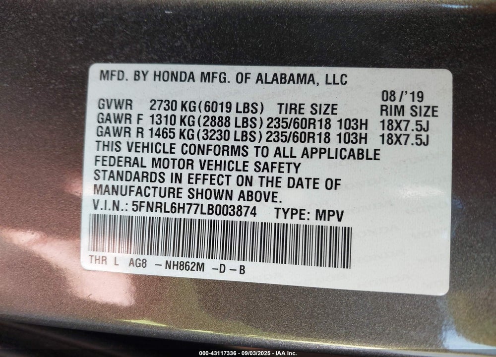 2020 HONDA ODYSSEY EX-L/EX-L W/NAVI RES VIN: 5FNRL6H77LB003874