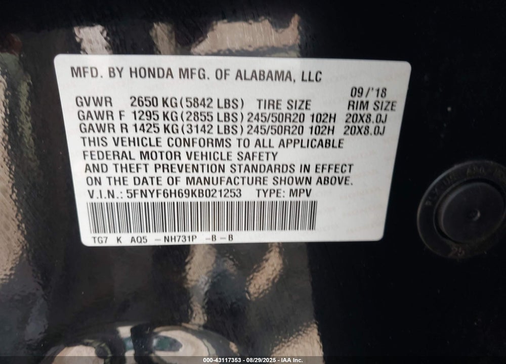 2019 HONDA PILOT VIN: 5FNYF6H69KB021253
