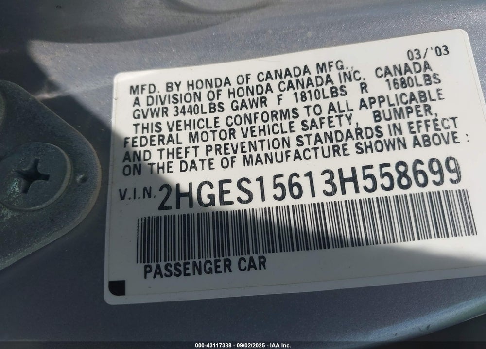 2003 HONDA CIVIC LX VIN: 2HGES15613H558699