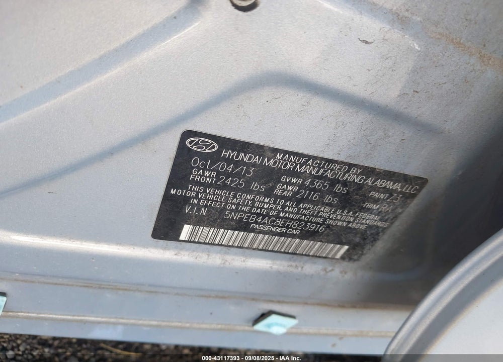 2014 HYUNDAI SONATA VIN: 5NPEB4AC8EH823916