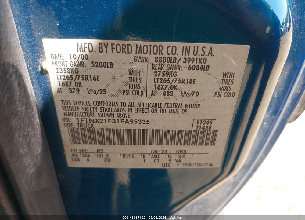 2001 FORD F-250 LARIAT/XL/XLT VIN: 1FTNX21F31EA95335