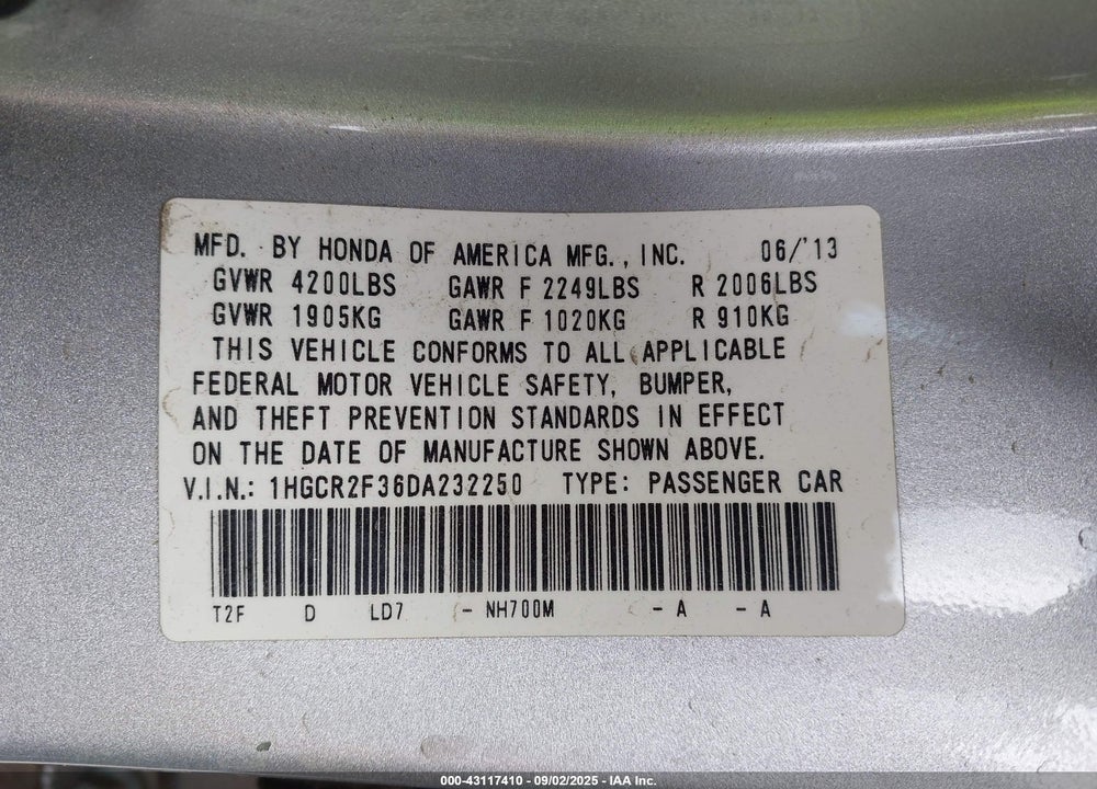 2013 HONDA ACCORD VIN: 1HGCR2F36DA232250