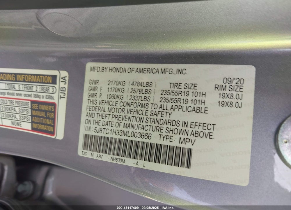 2021 ACURA RDX STANDARD VIN: 5J8TC1H33ML003666