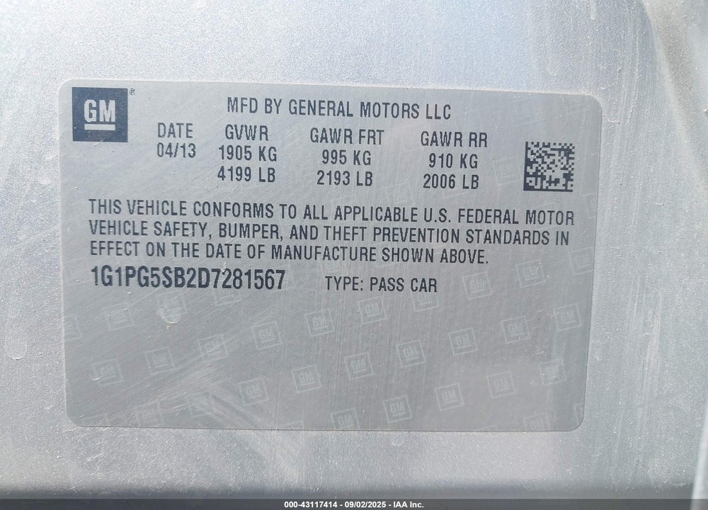 2013 CHEVROLET CRUZE VIN: 1G1PG5SB2D7281567