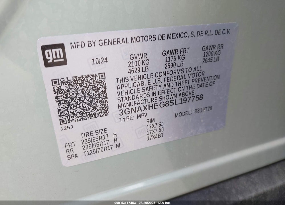 2025 CHEVROLET EQUINOX VIN: 3GNAXHEG8SL197758