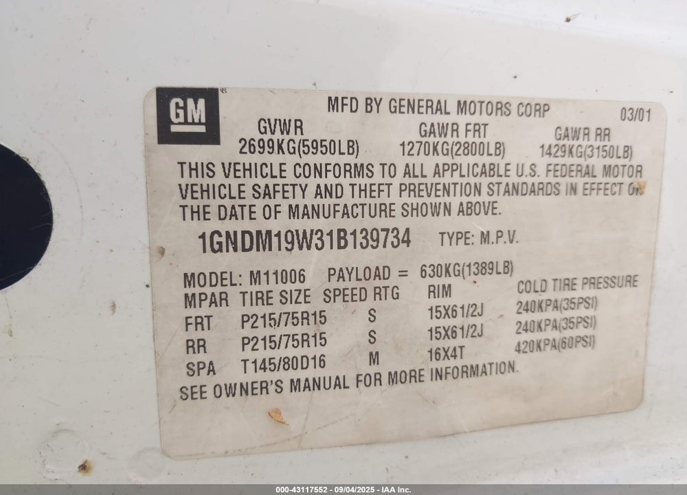 2001 CHEVROLET ASTRO LS VIN: 1GNDM19W31B139734