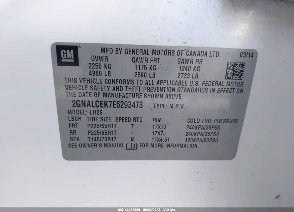 2014 CHEVROLET EQUINOX 2LT VIN: 2GNALCEK7E6293473