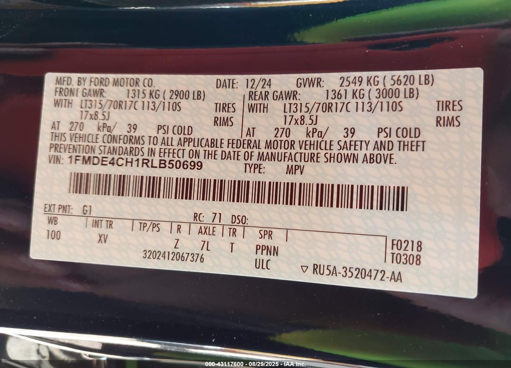 2024 FORD BRONCO VIN: 1FMDE4CH1RLB50699