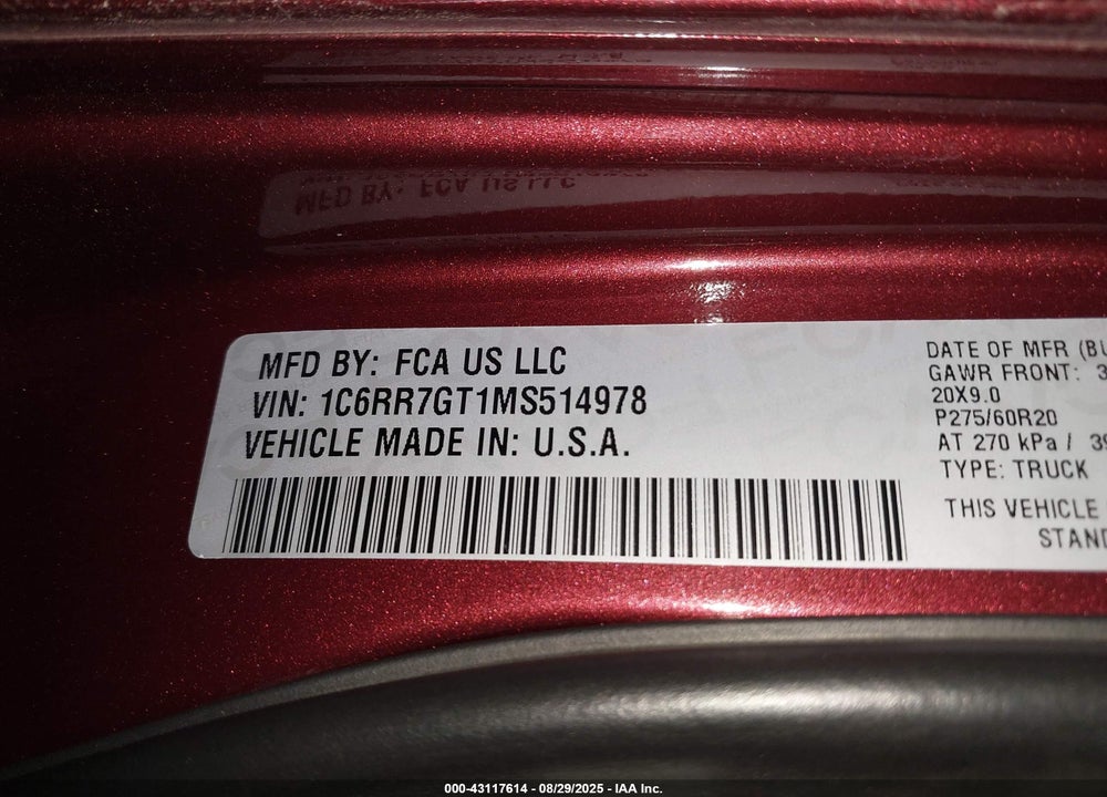 2021 RAM 1500 VIN: 1C6RR7GT1MS514978