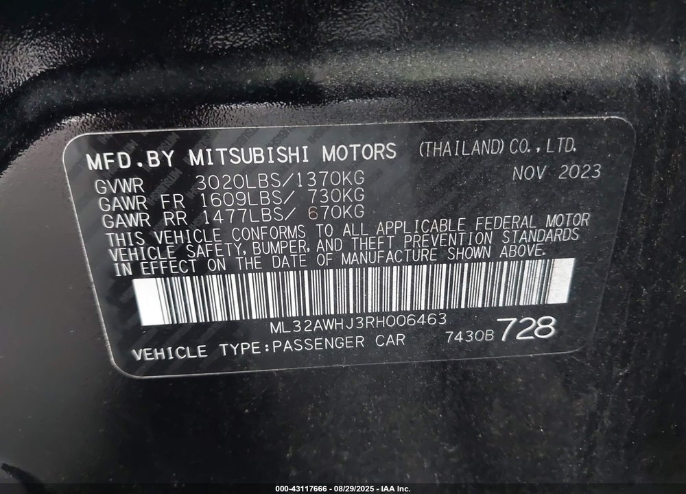2024 MITSUBISHI MIRAGE VIN: ML32AWHJ3RH006463