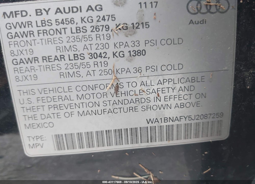 2018 AUDI Q5 VIN: WA1BNAFY5J2087259