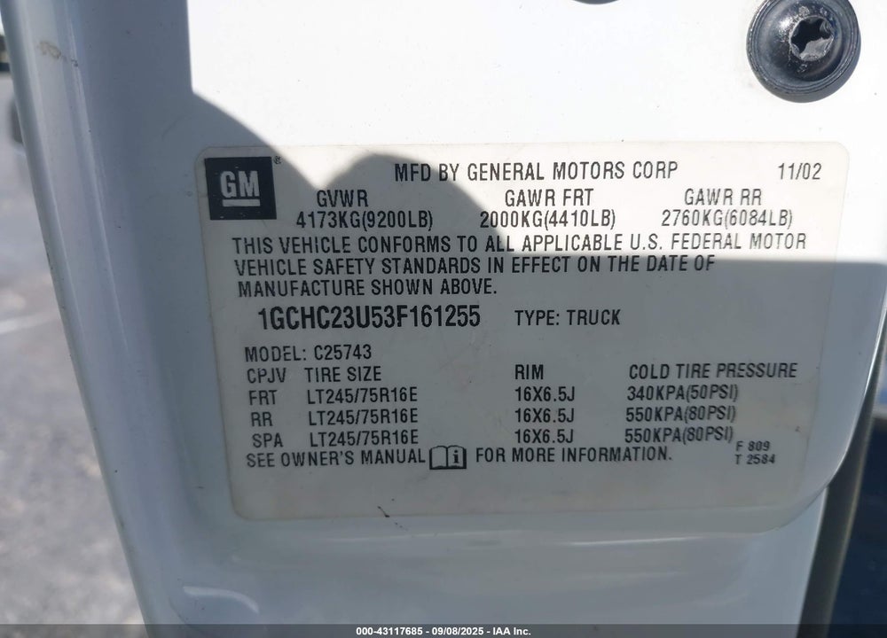 2003 CHEVROLET SILVERADO 2500HD LS VIN: 1GCHC23U53F161255