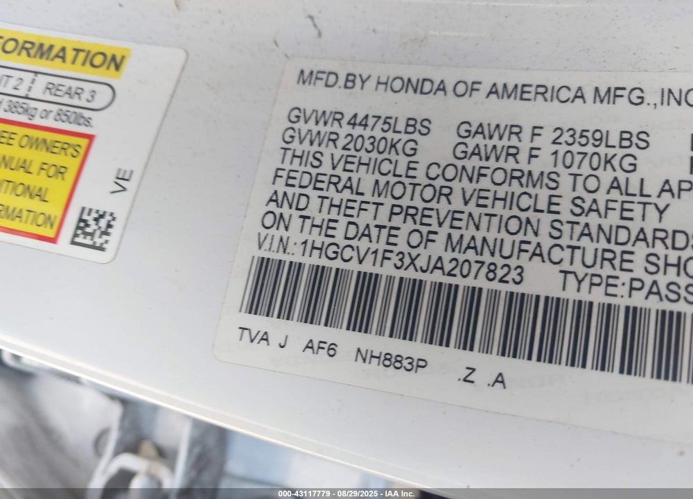 2018 HONDA ACCORD VIN: 1HGCV1F3XJA207823