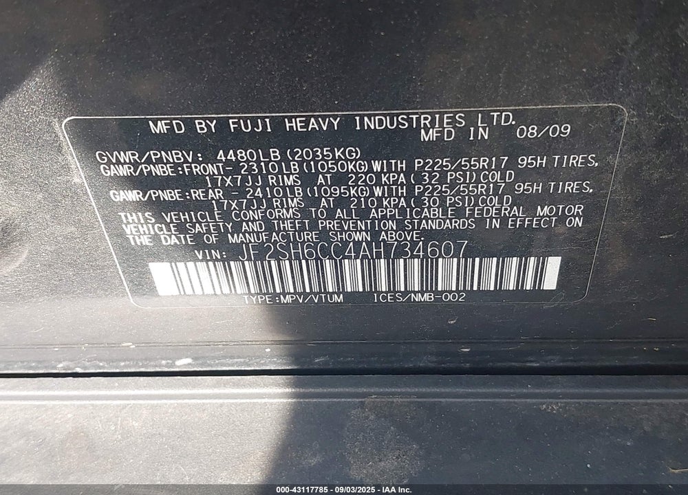 2010 SUBARU FORESTER VIN: JF2SH6CC4AH734607
