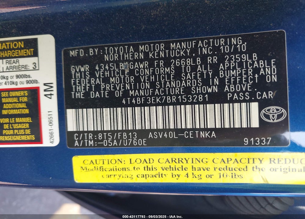 2011 TOYOTA CAMRY VIN: 4T4BF3EK7BR153281