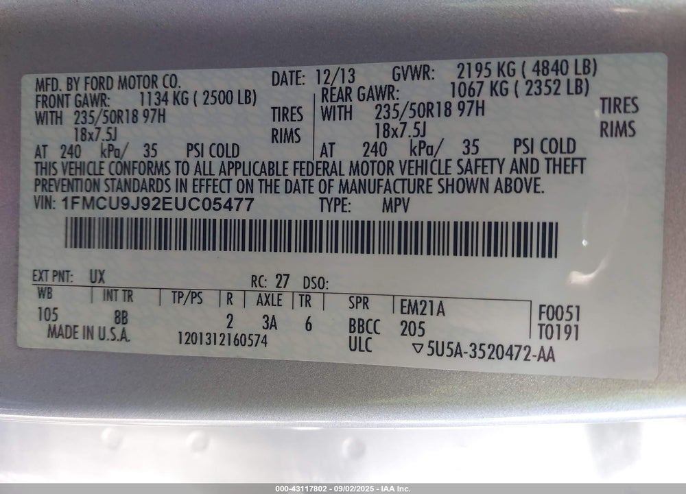 2014 FORD ESCAPE TITANIUM VIN: 1FMCU9J92EUC05477