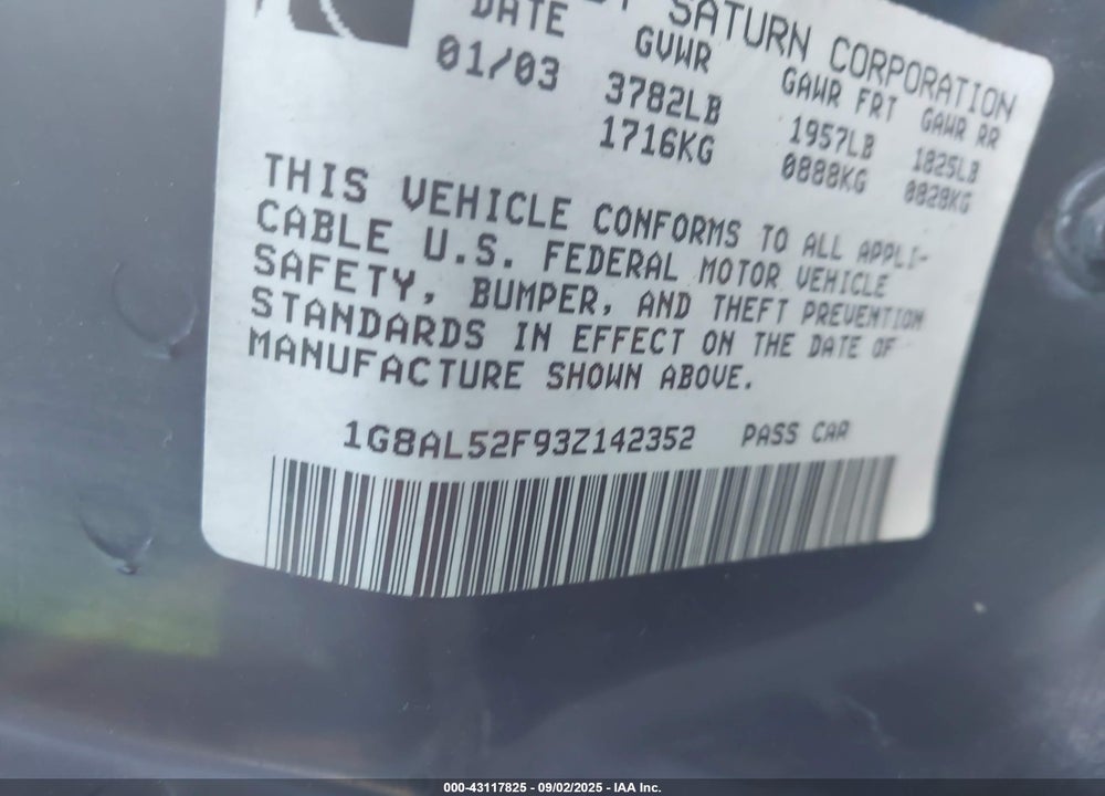 2003 SATURN ION ION 3 VIN: 1G8AL52F93Z142352
