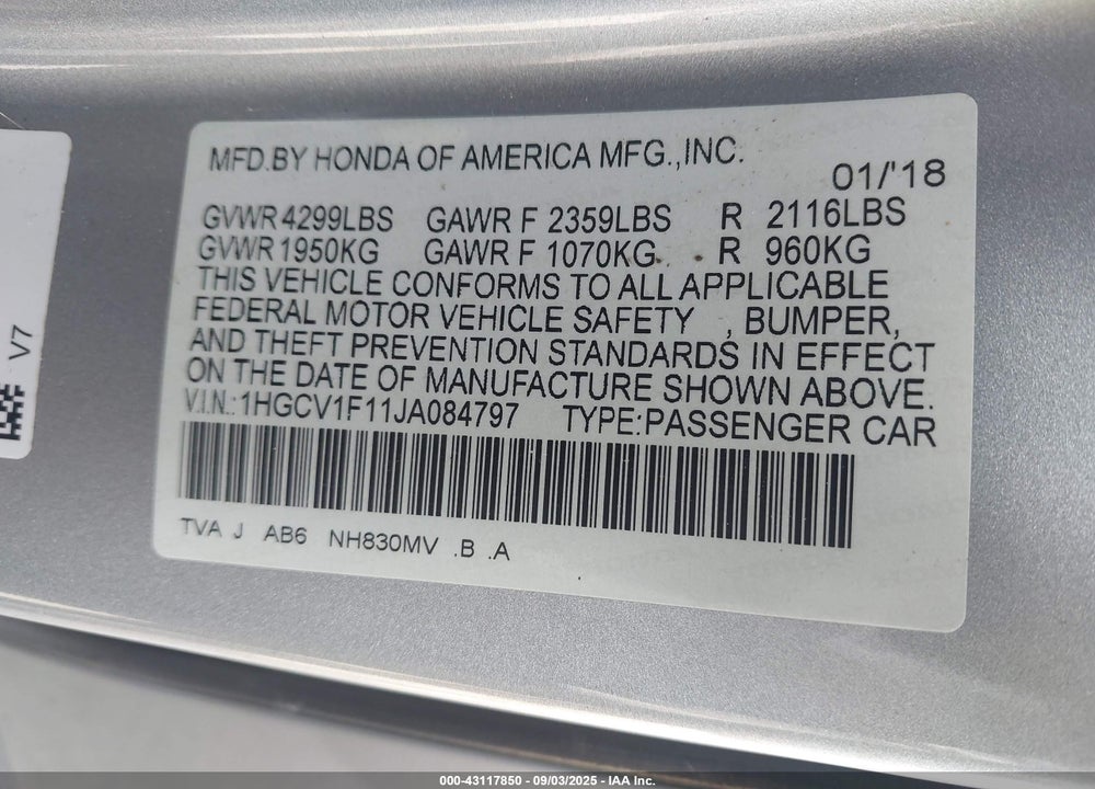 2018 HONDA ACCORD LX VIN: 1HGCV1F11JA084797