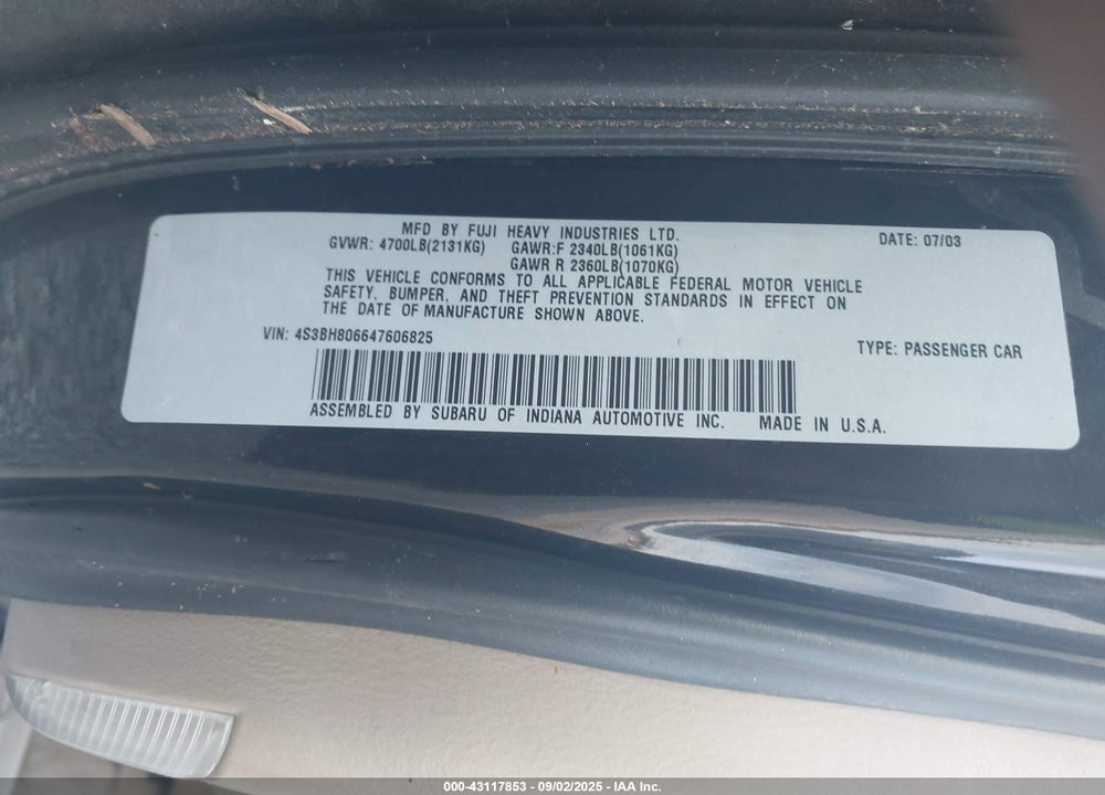 2004 SUBARU OUTBACK H6-3.0 L.L. BEAN EDITION VIN: 4S3BH806647606825