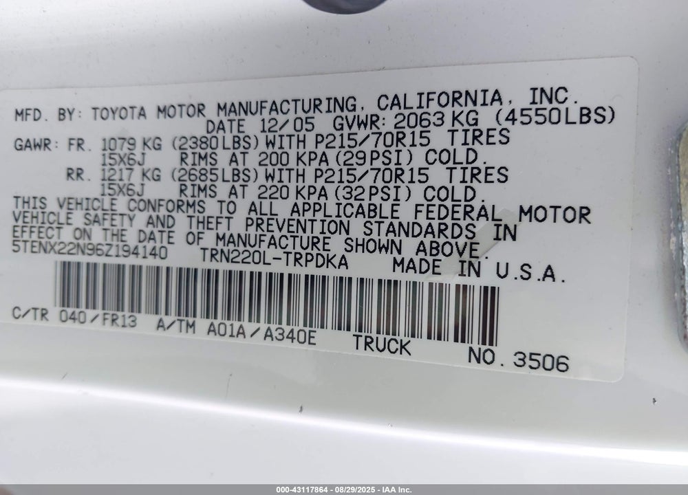 2006 TOYOTA TACOMA VIN: 5TENX22N96Z194140