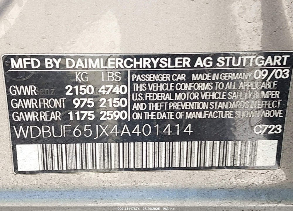 2004 MERCEDES-BENZ E 320 VIN: WDBUF65JX4A401414