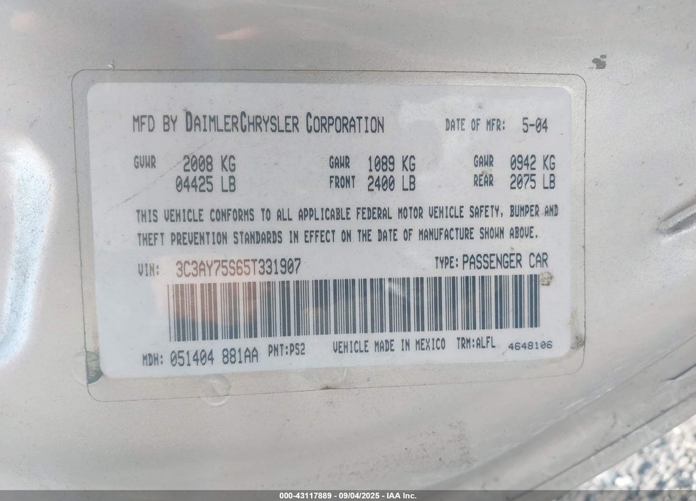 2005 CHRYSLER PT CRUISER GT VIN: 3C3AY75S65T331907