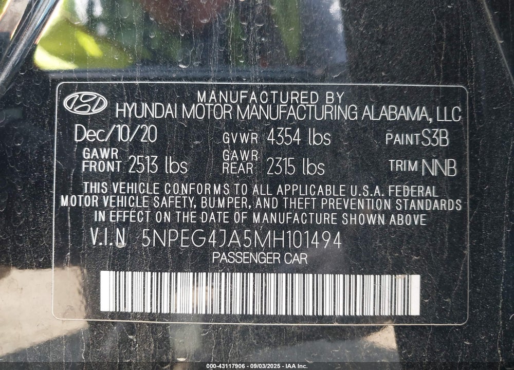 2021 HYUNDAI SONATA VIN: 5NPEG4JA5MH101494