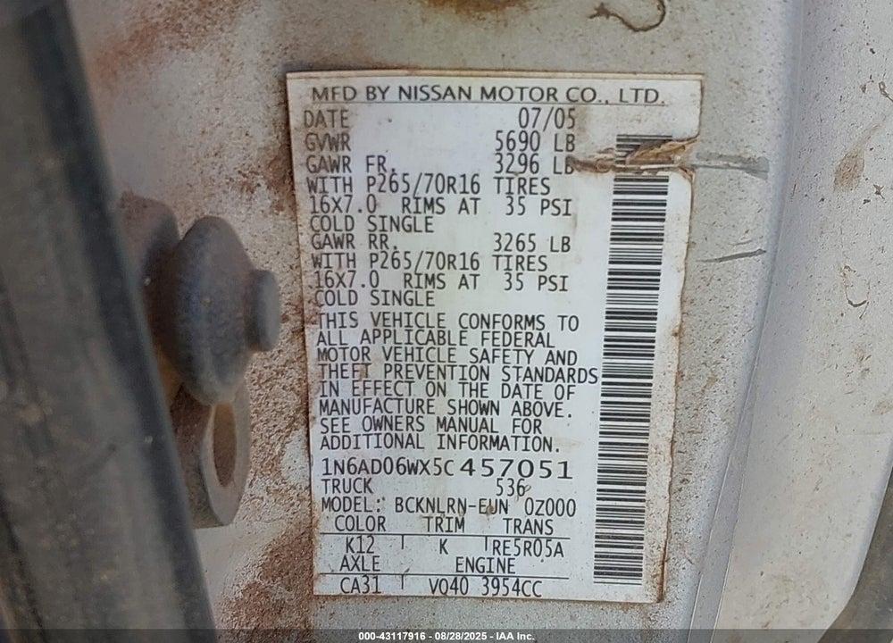 2005 NISSAN FRONTIER SE VIN: 1N6AD06WX5C457051