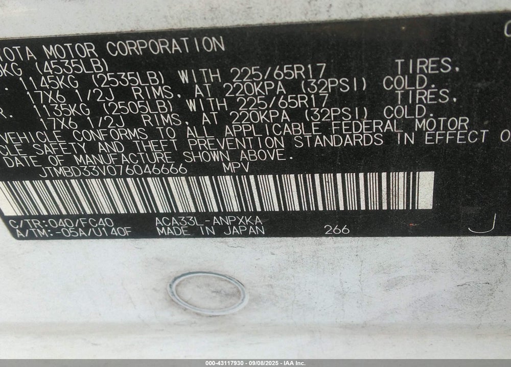 2007 TOYOTA RAV4 VIN: JTMBD33V076046666