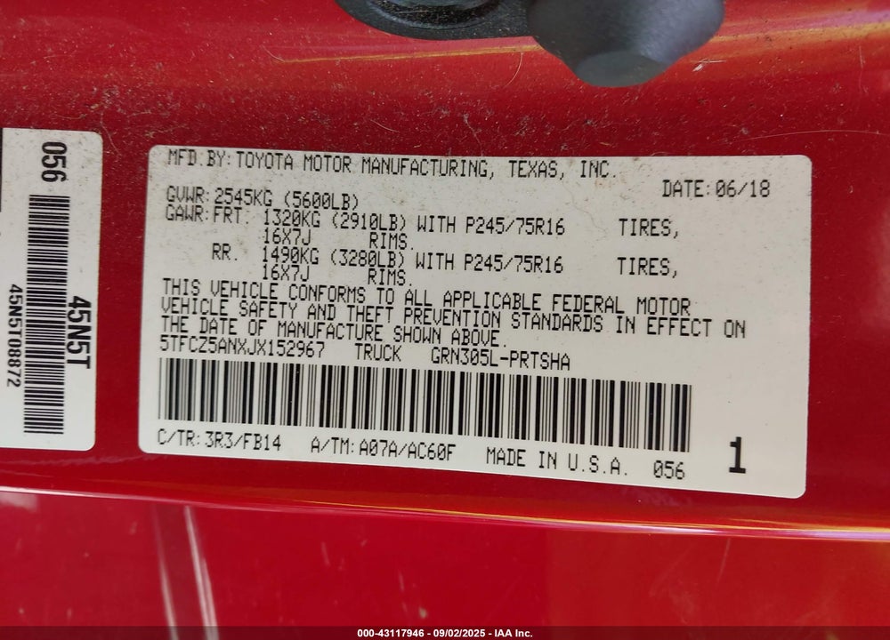 2018 TOYOTA TACOMA SR V6 VIN: 5TFCZ5ANXJX152967