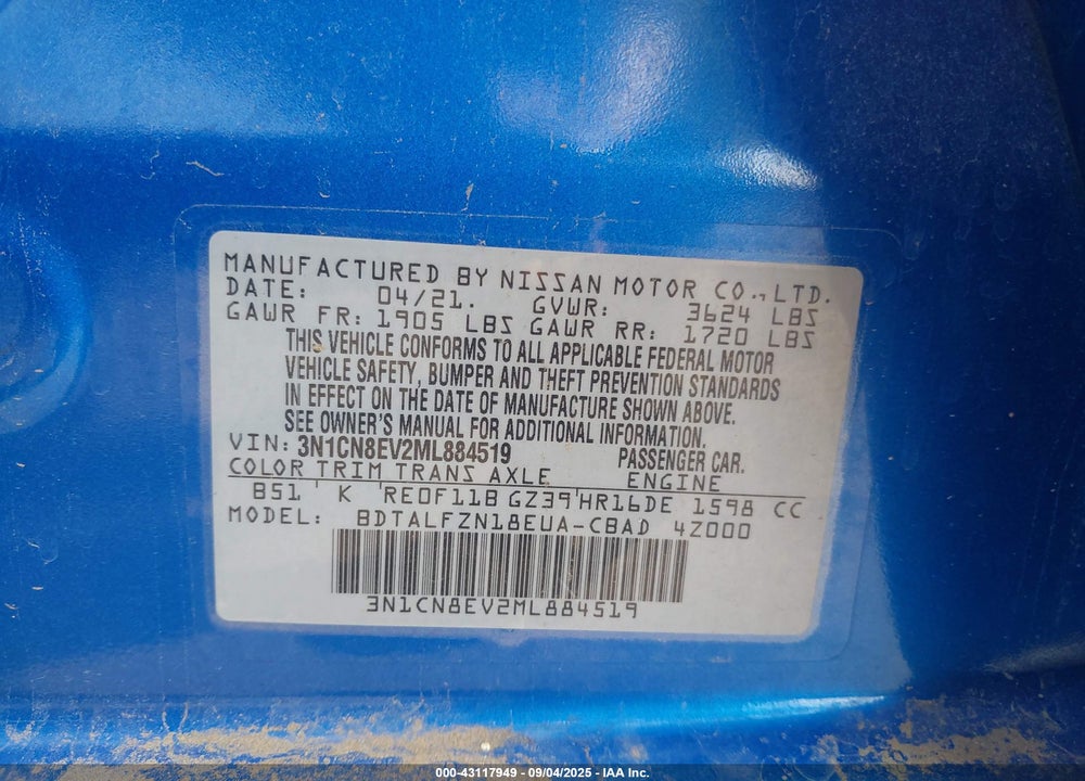 2021 NISSAN VERSA SV XTRONIC CVT VIN: 3N1CN8EV2ML884519